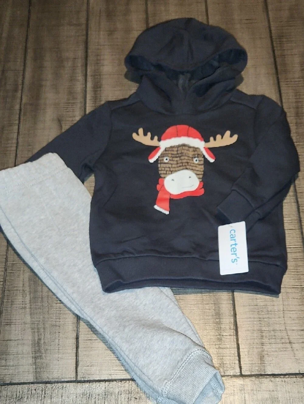 NWT Carter's Black Hoodie with Moose Graphic & Grey Jogger Set